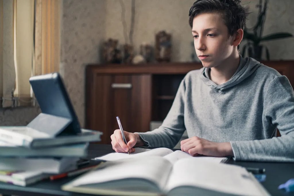 Online homeschool student studying independently at a desk with books and a laptop