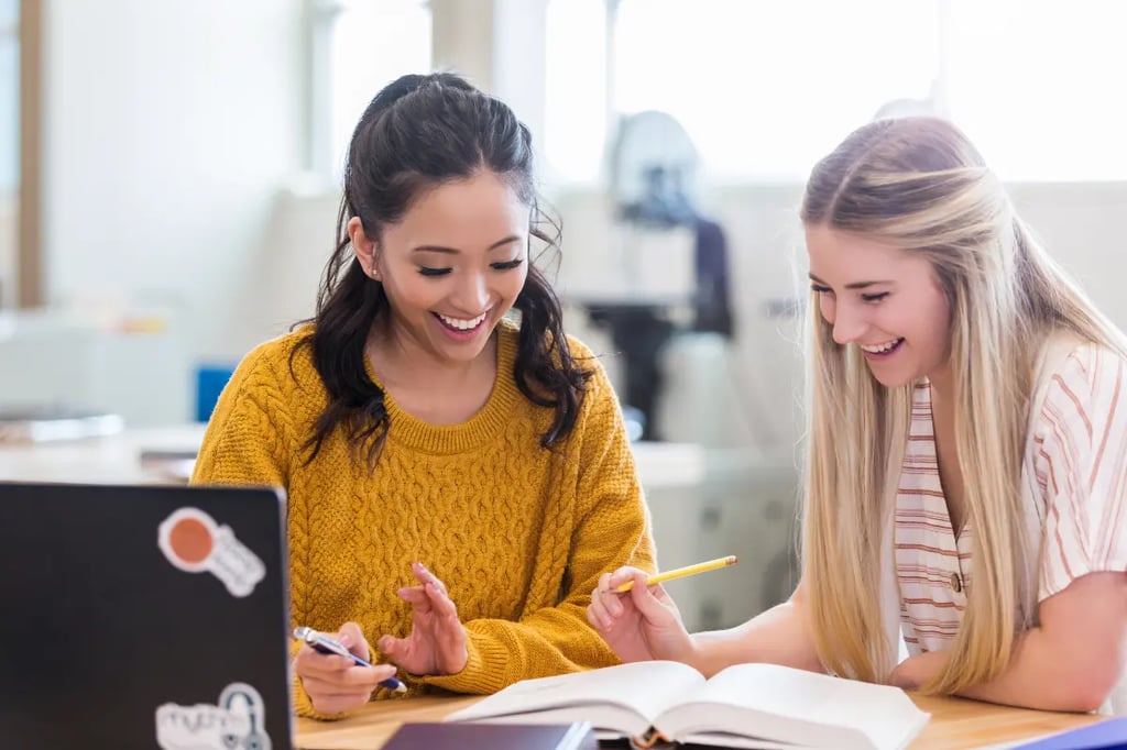 Two students smile while working together on a project, emphasizing collaboration in online homeschooling