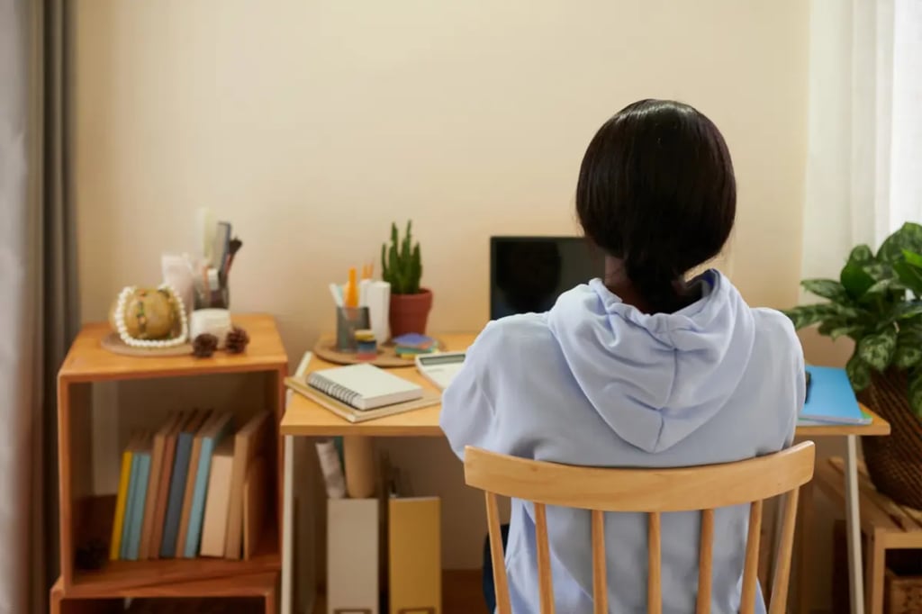 Homeschool middle school student sitting at a tidy desk with books, laptop, and plants in a cozy room.
