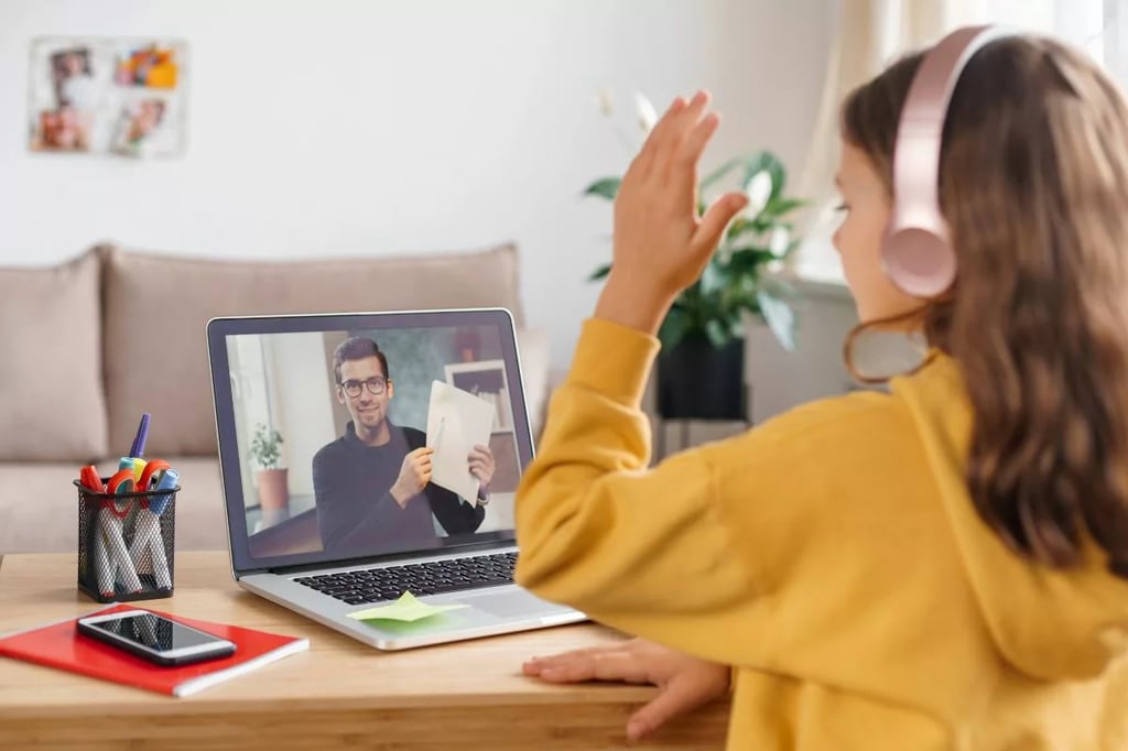 Best online middle schools depicted by a student interacting with a virtual teacher on a laptop during a remote class session.