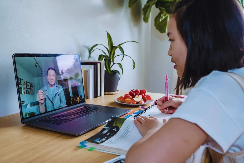 Student-centered online education scene with a girl learning remotely from a teacher on her laptop.
