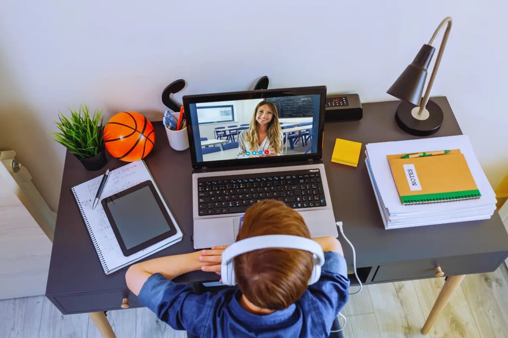 Virtual learning programs for kids shown with a student attending an online class at a study desk.