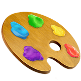 A wooden artist's palette emoji with colorful paint blobs in blue, green, yellow, red, and purple.