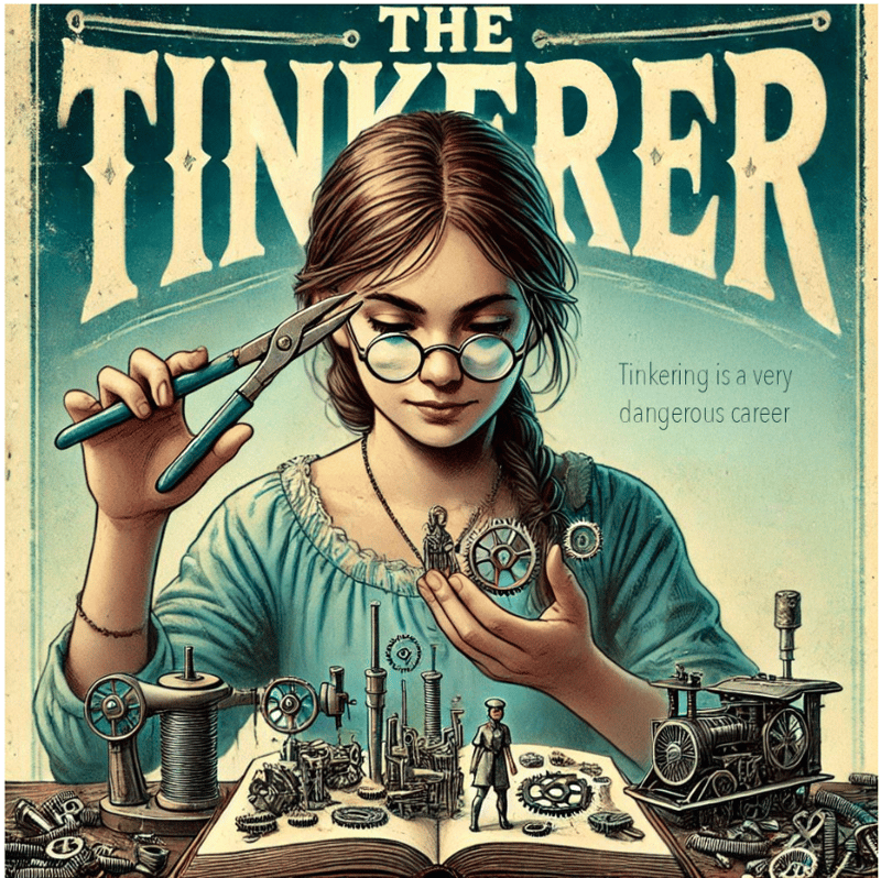 A steampunk-style illustration of a young woman in glasses assembling intricate mechanical gears, with the title "The Tinkerer" above her.