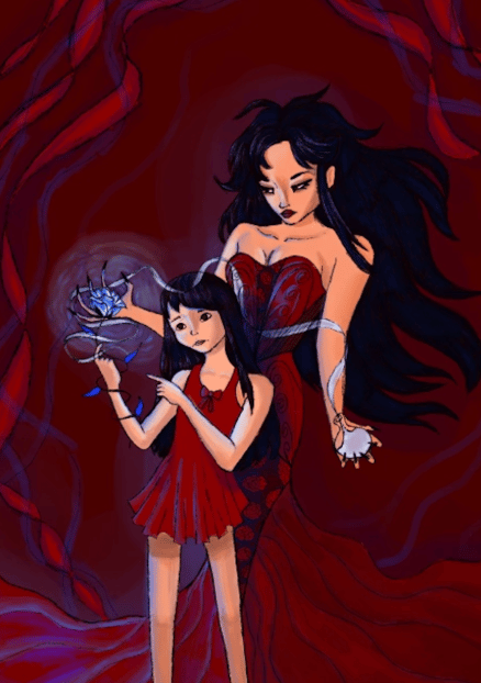A fantasy-style digital illustration of two female characters in red dresses, one taller with dark flowing hair and the other younger, conjuring a glowing blue magical energy.