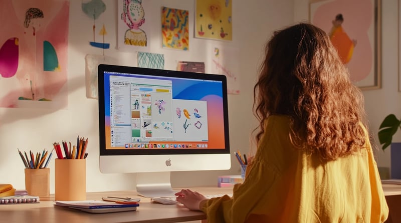 Online homeschool student working on a desktop computer in a colorful, art-filled study space.
