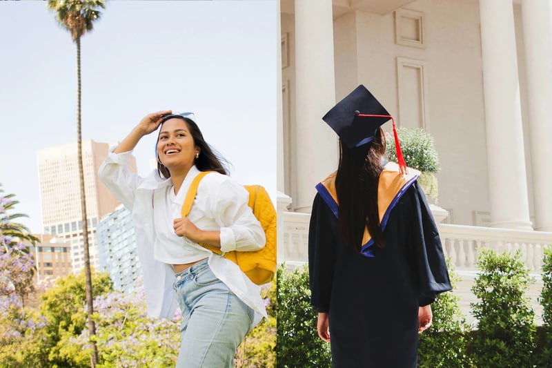 Private online high school students featured in a split image, one casually exploring a city with a backpack and the other in a graduation cap and gown.